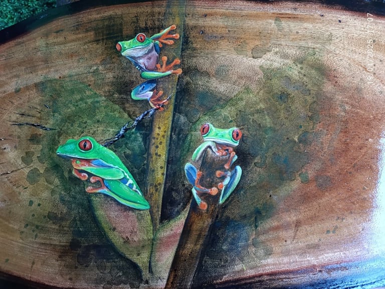 Three colorful tree frogs perched on branches over a wooden log in natural lighting
