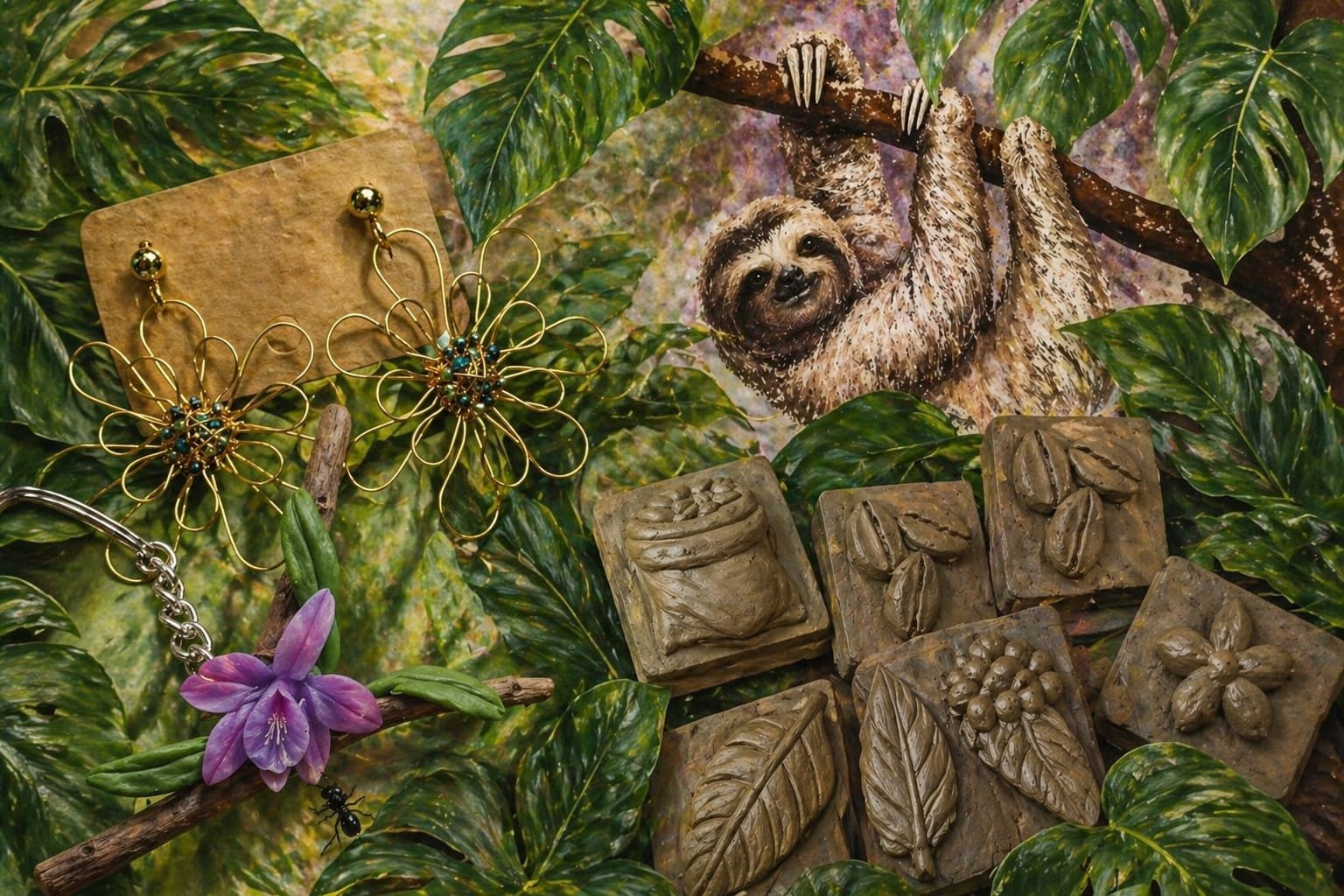 A sloth hangs from a tree branch surrounded by green leaves, purple flowers, and decorative carved wooden tiles with nature motifs