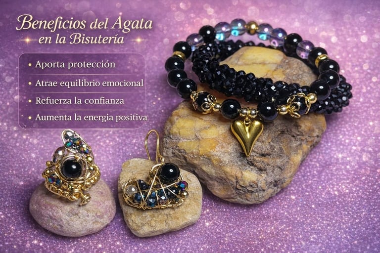 Black agate crystal jewelry set with beaded bracelet and rings on stones with Spanish text about agate benefits in jewelry